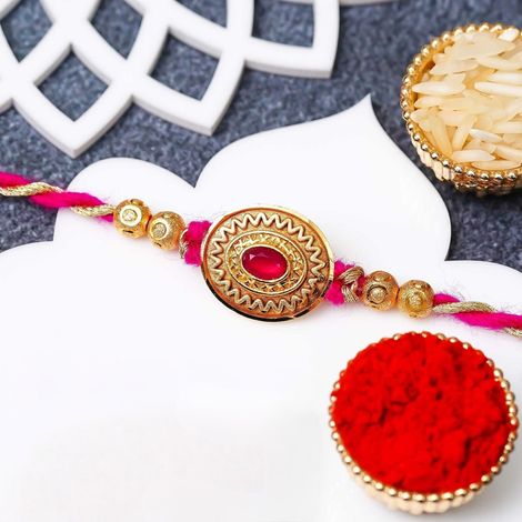 Kundan Golden Pink Kundan Beads Designer Rakhi for Bhai and Bhaiya with Roli Chawal Pack (eCraftIndia)