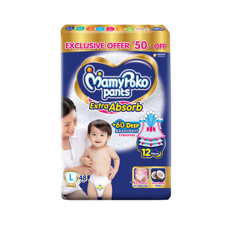 Mamypoko Extra Absorb Baby Diapers | Pant Style | L | 48 pcs