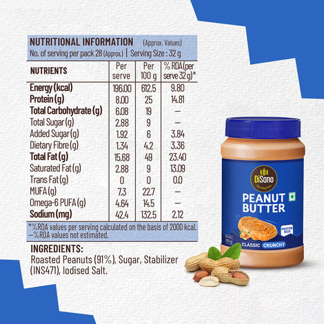Disano Peanut Butter - Crunchy, 26% Protein, No Trans Fat & Preservatives