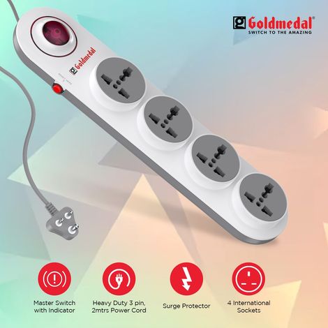 Gold Medal Logica 4X1 Spike Guard | 4 Universal Sockets | Master Switch with Indicator & Surge Protector | 2 Meter Extension Cord | Multi Plug for Home & Office