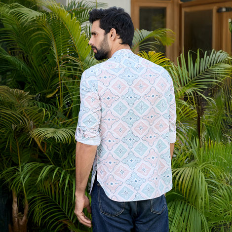 See Designs Men's Geometric Printed Rayon Short Kurta | Peach-Green - L