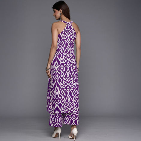 Varanga Women's Ikat Printed Straight Kurta with Palazzo | Purple - XL