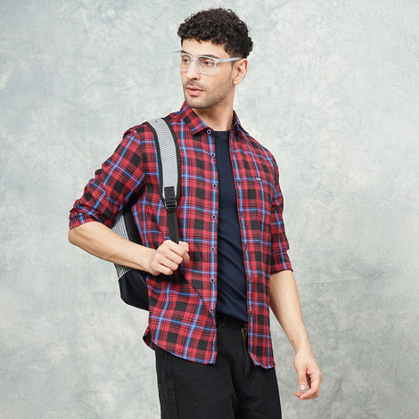 The Indian Garage Co Men's Regular Fit Checked Casual Shirt | Red - M