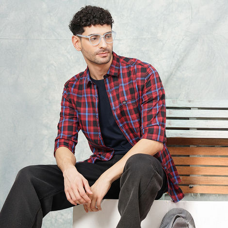 The Indian Garage Co Men's Regular Fit Checked Casual Shirt | Red - M