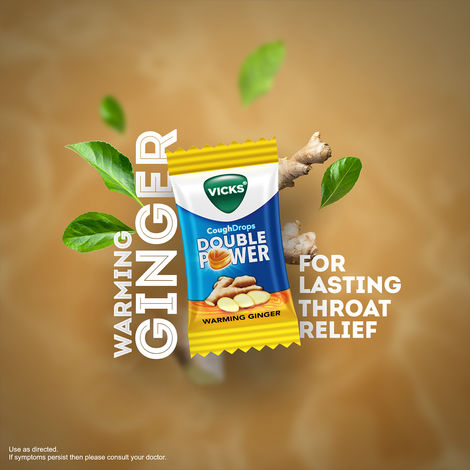 Vicks Cough Drops Double Power (Ginger). Bigger Drop With 2X Ayurvedic Mix, 25 Lozenges