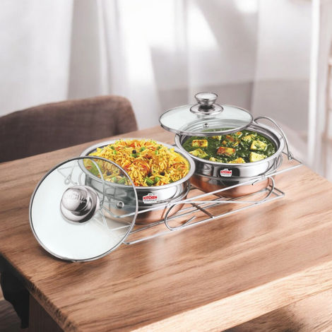 Kitchen Essentials Stainless Steel 2Pc Copper Handi Set With Glass Lid + Copper Stand (14Cm + 14Cm)