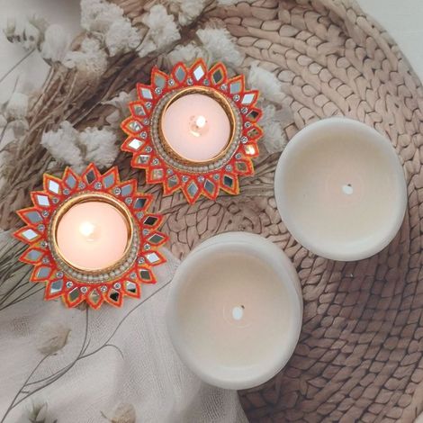 Kundan And Mirror Work Flower T-Light Holders | Pack Of 2 | Gullak