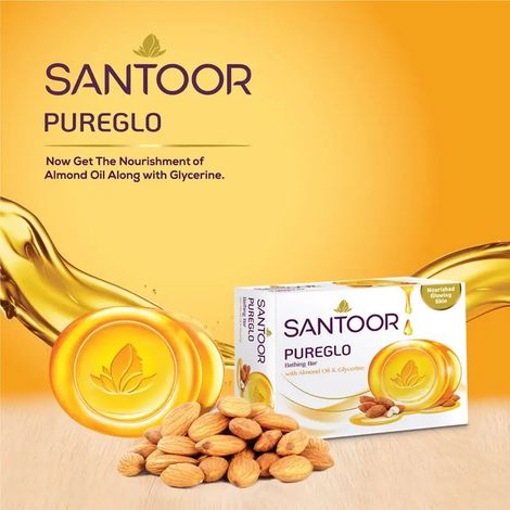 Santoor PureGlo Glycerine Bathing Bar Soap With Almond Oil for Nourished and Glowing Skin