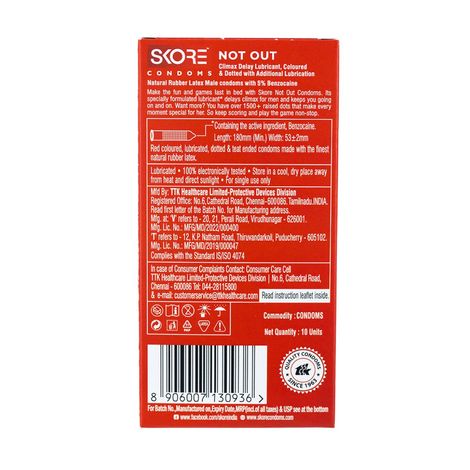 Skore Not Out Condoms - Climax Delay & Dotted (10pc) & Skore Lubes - Strawberry Flavour (50ml) Combo