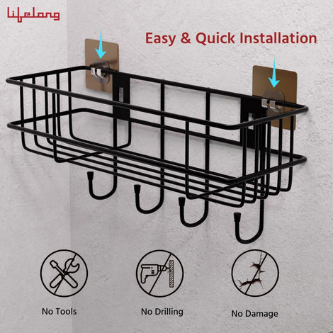 Lifelong Bathroom Shelf For Storage - Wall Mounted Washroom Rack Towel Holder Pack Of 2 - Black