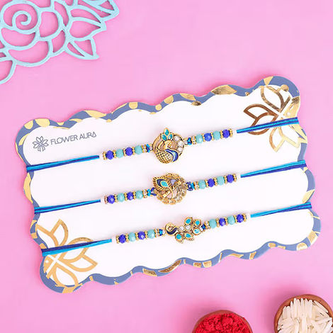 Stone Peacock Theme Beaded Rakhi Trio (Floweraura)