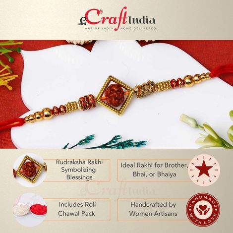 Religious Rudraksha Rakhi for Brother | Raksha Bandhan Rakhi for Bhai Bhaiya | Rakhi with Roli Chawal Pack (eCraftIndia)