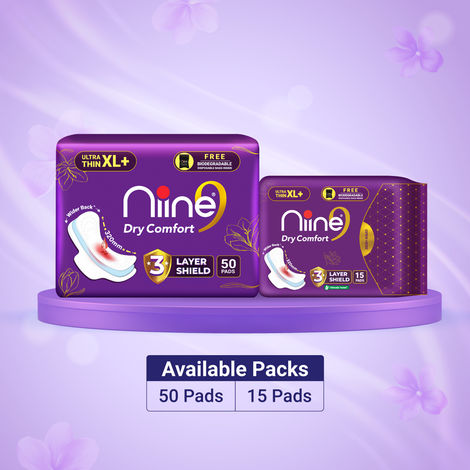 Niine Dry Comfort Ultra Thin XL+ Sanitary Pad | 320 mm and Wider Back | with Biodegradable Bags | 50 Pads