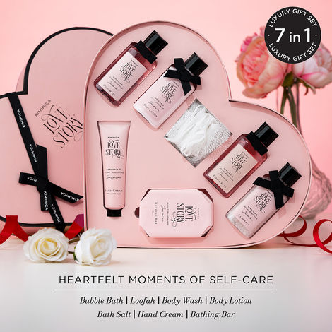 Kimirica Love Story Moment Gift Set | 7-in-1 Luxury Bath Kit with Loofah, Lotion, Salt, Soap & More