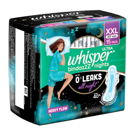 Whisper Bindazzz Nights XXL Sanitary Pads, Upto 0% Leaks All Night Long