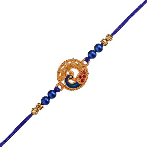 Peacock Blue Golden Designer Rakhi for Brother, Bhai, and Bhaiya with Roli Chawal Pack (eCraftIndia)