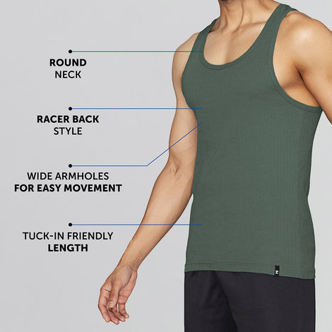 XYXX Men's Cotton Solid Ribbed Round Neck Vest, Pack of 2 , Black Iris & Olive| XL