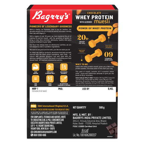 Bagrry's Whey Protein Chocolate Muesli with Almonds | 20g protein | 100% Whole Oats | 500gm carton