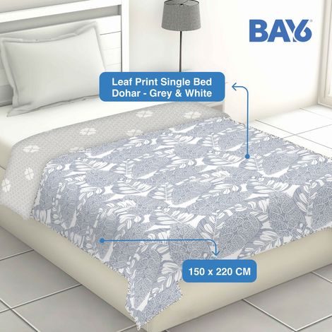 BAY6 Microfibre Leaf Print Single Bed Dohar - Grey & White | 150 x 220 cm