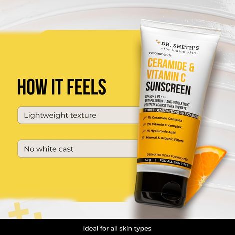 Dr. Sheth'S Ceramide & Vitamin C Sunscreen Spf 50 Pa+++ No White Cast For All Skin Type