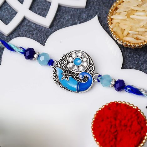 Peacock Blue Designer Rakhi for Brother, Bhai, and Bhaiya with Roli Chawal Pack (eCraftIndia)
