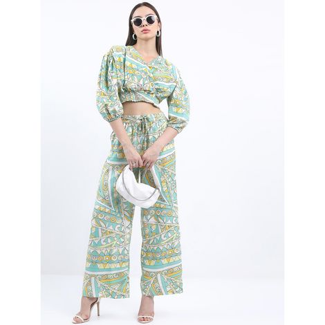 Ketch Women Abstract Printed Crop Top With Pant Co-Ords | Green | XL
