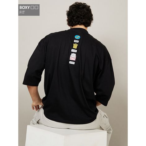 Styli Men's 3/4 Sleeve Drop Shoulder T-shirt with Cartoon Print | Black - XL