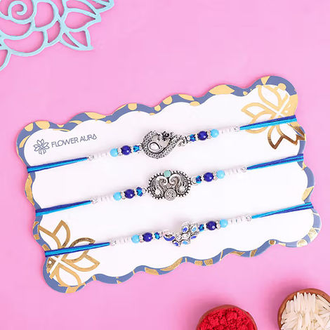 Stone Silver Intricate Design Rakhis (Floweraura) Set of 3