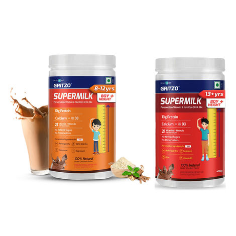 Gritzo Supermilk Height+ (8-12Y Boys), 10G Protein (Double Chocolate) (400g) & Gritzo Supermilk Height+ (13+ Boys), 13G Protein (Double Chocolate) (400g) Combo