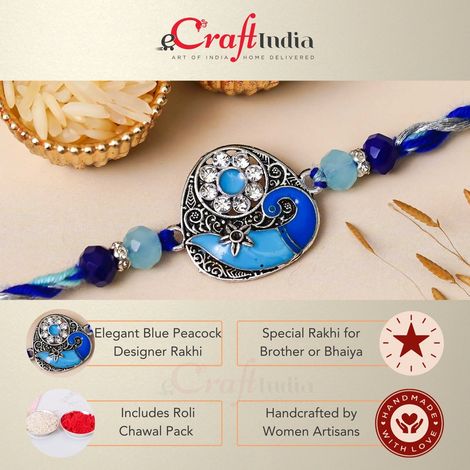 Peacock Blue Designer Rakhi for Brother, Bhai, and Bhaiya with Roli Chawal Pack (eCraftIndia)