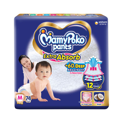 Mamypoko Extra Absorb Baby Diapers | Pant Style | M | 74 pcs