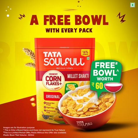 Tata Soulfull Corn Flakes, Original, Crunchy Corn & Millets, Baked Not Fried, With Free Bowl