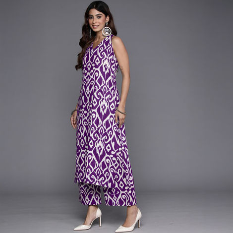 Varanga Women's Ikat Printed Straight Kurta with Palazzo | Purple - XL