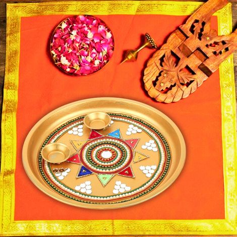 Pichai Decorative Golden Pooja Thali - 11 Inches