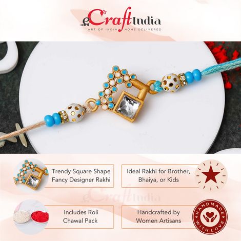Stone Fancy Square Shape Designer Rakhi for Bhai and Bhaiya | Roli Chawal Pack (eCraftIndia)