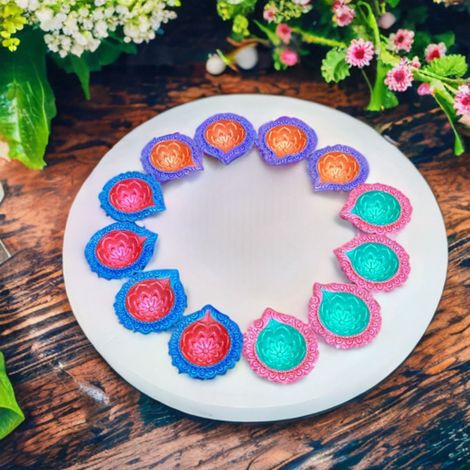 Multicolor Diya | Pack Of 12 | Designer Clay Diya | DiaCraft