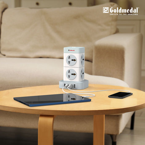 Gold Medal Turbomax 8+4 Extension Board | 8 Universal Sockets with Safety Shutter | 3 USB & 1 USB-C Port | Master Switch with Indicator | 2-Meter Extension Cord