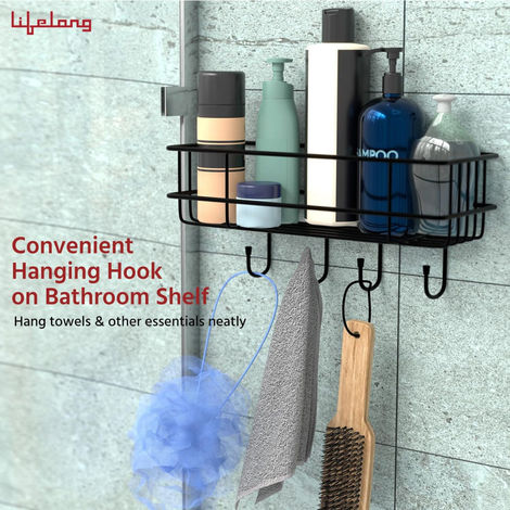 Lifelong Bathroom Shelf For Storage - Wall Mounted Washroom Rack Towel Holder Pack Of 2 - Black
