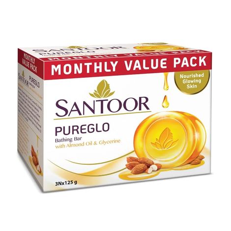 Santoor PureGlo Glycerine Bathing Bar Soap With Almond Oil for Nourished and Glowing Skin