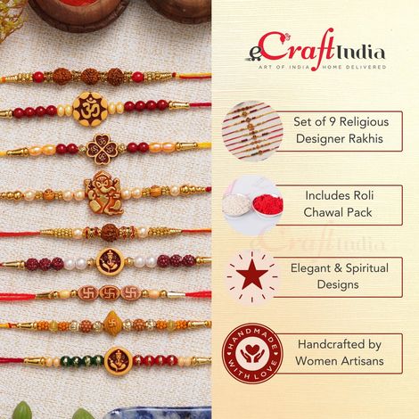 Religious Multicolor Om, Ganesha, Swastik, Rudraksha, Pearls Religious Designer Rakhis & Roli Chawal Pack (eCraftIndia) Set of 9