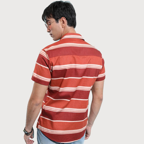 Ketch Men Horizontal Striped Spread Collar Cotton Slim Fit Casual Shirt | Brown | XL
