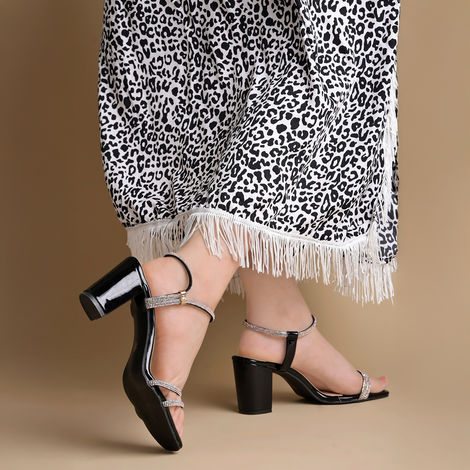 Shoetopia Women's Embellished Rhinestones Strap Heels | Heel-1246 | Black - UK 3