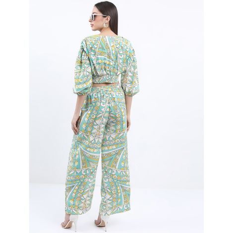 Ketch Women Abstract Printed Crop Top With Pant Co-Ords | Green | XL