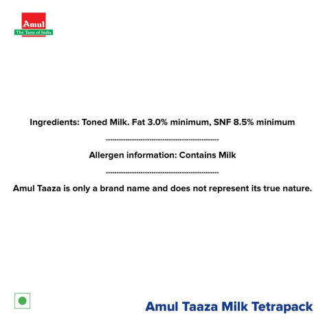 Amul Taaza Homogenised Toned Milk (Tetra Pack)