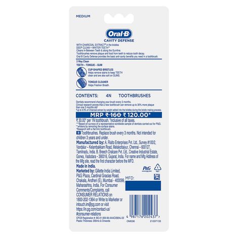 Oral B Cavity Defense Black Manual Toothbrush For Adults With Charcoal Extract- Medium Pack Of 4