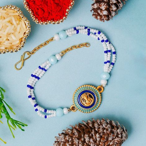 Religious Lord Ganesha Rakhi Bracelet for Brother Bhai Bhaiya | Beads Bracelet for Man | Roli Chawal Pack (eCraftIndia)