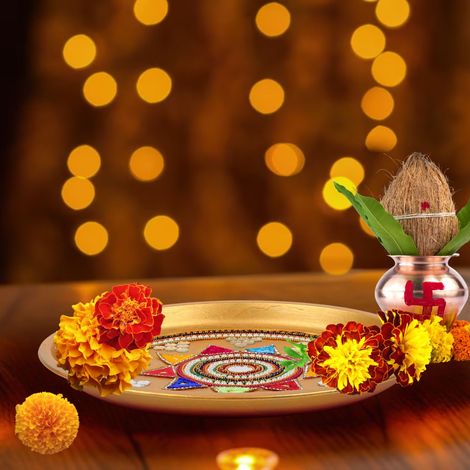 Pichai Decorative Golden Pooja Thali - 11 Inches