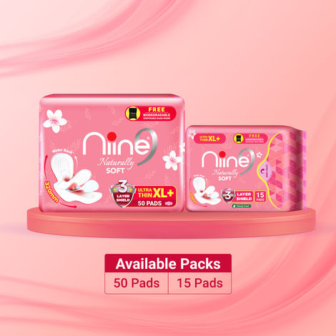 Niine Naturally Soft Ultra Thin XL+ Sanitary Pad | 320 mm and Wider Back | with Biodegradable Bags | 50 Pads