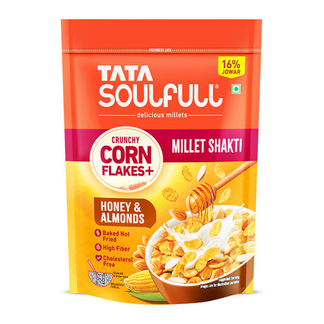 Tata Soulfull Corn Flakes, Honey & Almonds, Crunchy Corn & Millets, Baked Not Fried, High Fiber
