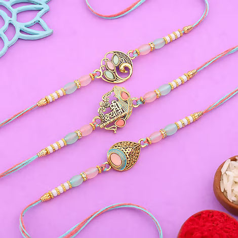 Stone Pastel Charm Rakhi Trio (Floweraura)